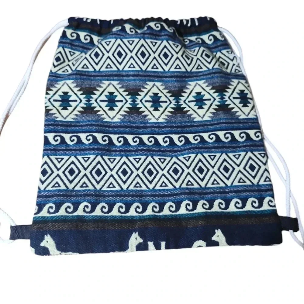 Boho Tribal Drawstring Backpack Gym Bag Travel Beach Sack Blue
